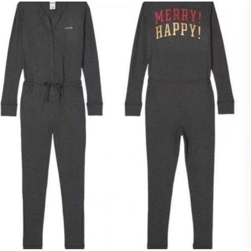 Victoria's Secret Pink Gray‎ Thermal Holiday Merry Happy One Piece Pajama Set XL